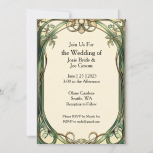 Art Nouveau green and gold wedding invite