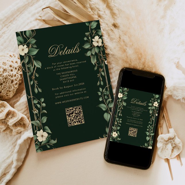 Art Nouveau Green and Gold Wedding QR Details Enclosure Card (Creator Uploaded)