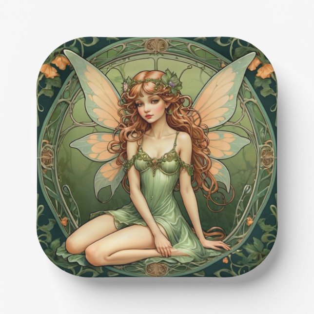 Art Nouveau Green Fairy Paper Plate (Front)