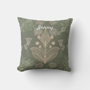 Art Nouveau Green Floral Personalised  Cushion
