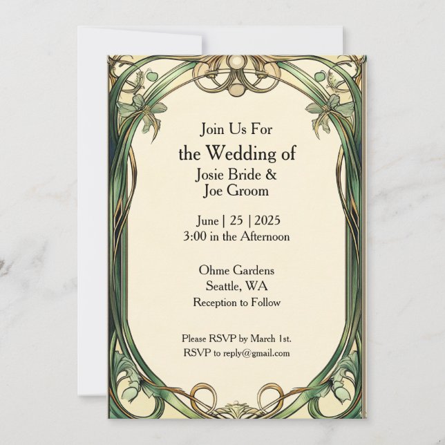 Art Nouveau green gold wedding invitation (Front)
