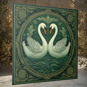 Art Nouveau Green Swan Lover Couples Ethereal Lake Tile
