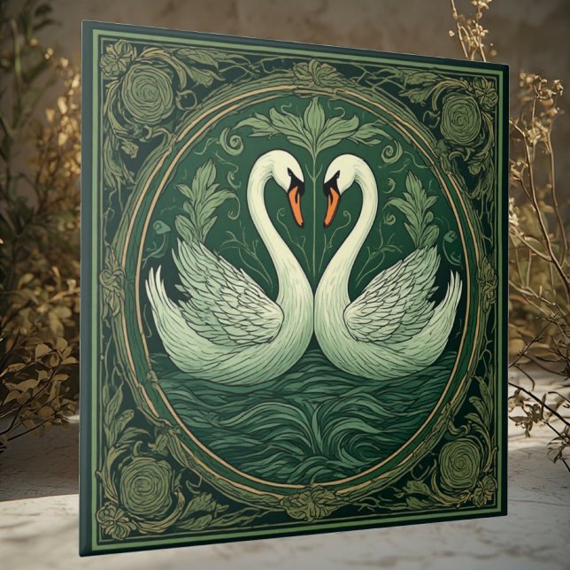 Art Nouveau Green Swan Lover Couples Ethereal Lake Tile (Art Nouveau Green Swan Lover Couples Ethereal Lake Ceramic Tile)