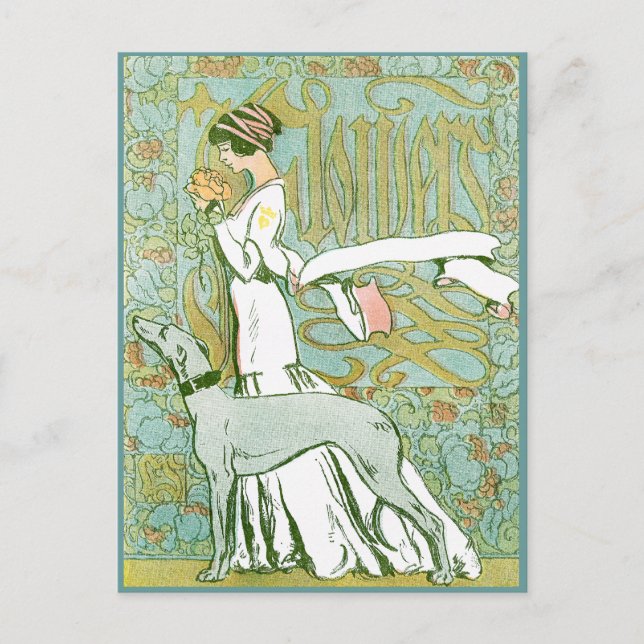 Art Nouveau Greyhound and Lady with Flower Postcard (Front)
