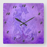 Art Nouveau Guitar Girl Vintage Clock Purple
