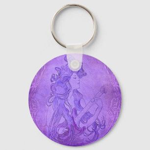 Art Nouveau Guitar Girl Vintage Purple Key Ring
