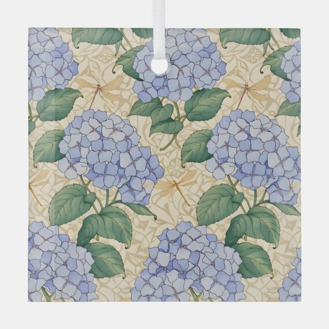 Art Nouveau Hydrangea Pattern with Dragonflies Glass Tree Decoration (Front)