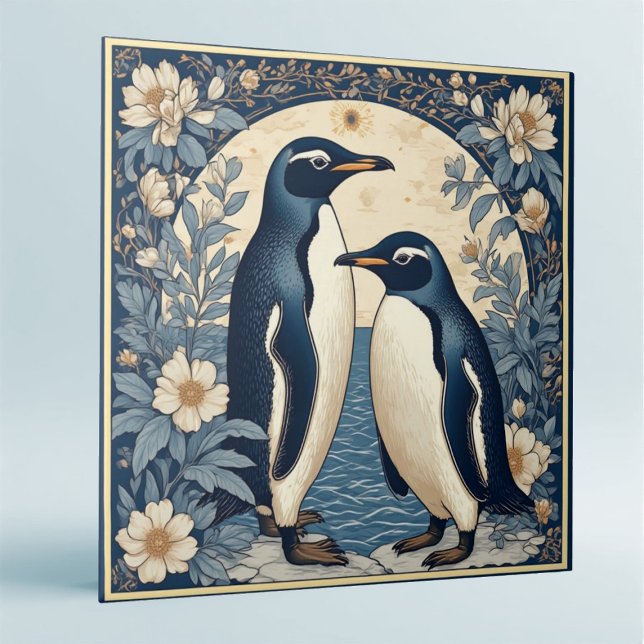 Art Nouveau Ice Birds Penguin Couple Floral Decor  Tile (Art Nouveau Ice Birds Penguin Couple Floral Decor Ceramic Tile)