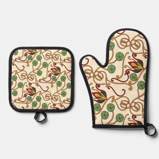 Art Nouveau-inspired floral design Oven Mitt & Pot Holder Set (Front)