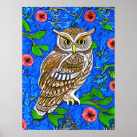 Art Nouveau Inspired Owl, Brown on Cobalt Blue