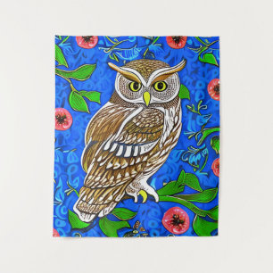 Art Nouveau Inspired Owl, Brown on Cobalt Blue    Tapestry