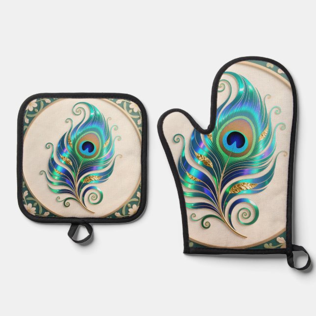 Art Nouveau Iridescent Peacock Feather Oven Mitt & Pot Holder Set (Front)