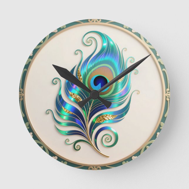 Art Nouveau Iridescent Peacock Feather Round Clock (Front)