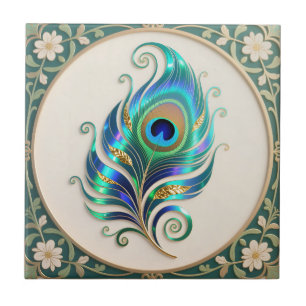 Art Nouveau Iridescent Peacock Feather Tile