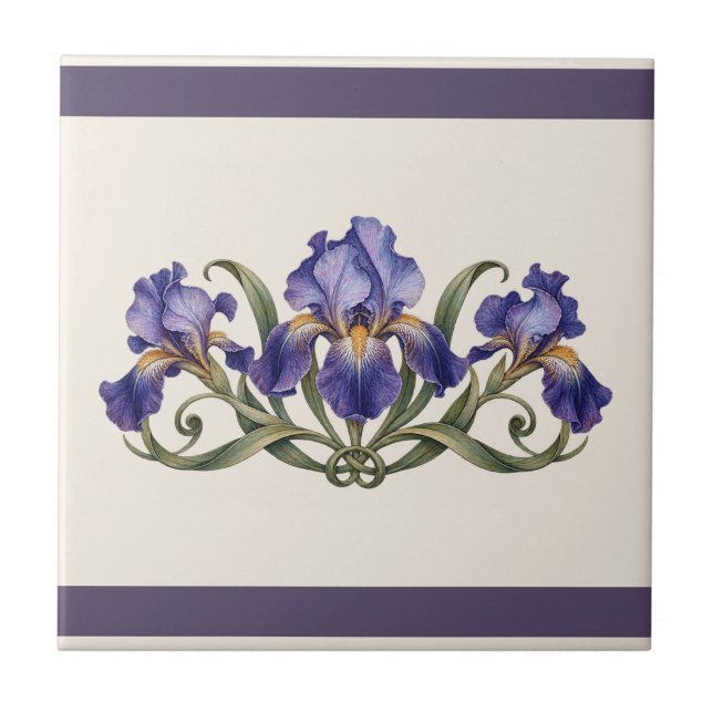 Art Nouveau Iris Custom Colour Frieze Tile (Original ivory & plum palette. Customize the background; recolour or remove either band.)