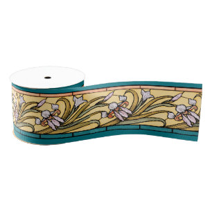 Art Nouveau Iris Floral Flowers Ribbon Grosgrain Ribbon