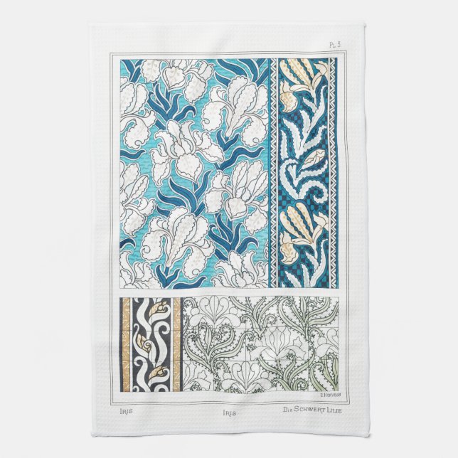 Art nouveau iris lily floral textile art blue  tea towel (Vertical)