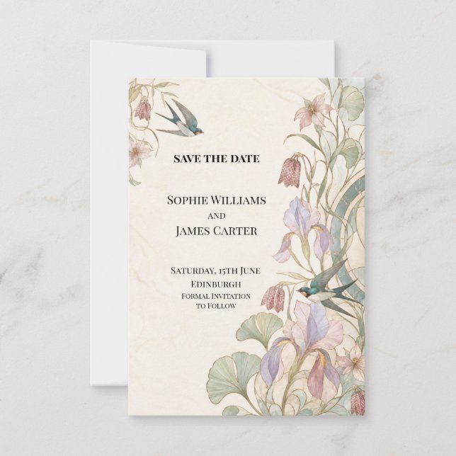 Art Nouveau Iris Swallow Wedding Save The Date (Front)