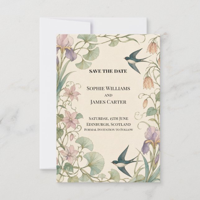 Art Nouveau Iris Swallow Wedding Save The Date (Front)