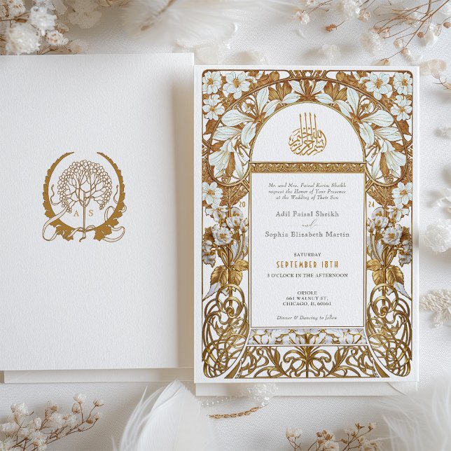 Art Nouveau Islamic Wedding Gold Cream Florals Invitation (Creator Uploaded)