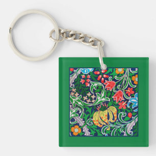 Art Nouveau Jacobean Floral, Emerald Green  Key Ring