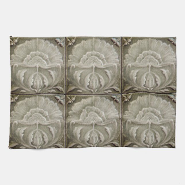 Art nouveau jugendstil flower tile design brown tea towel (Horizontal)