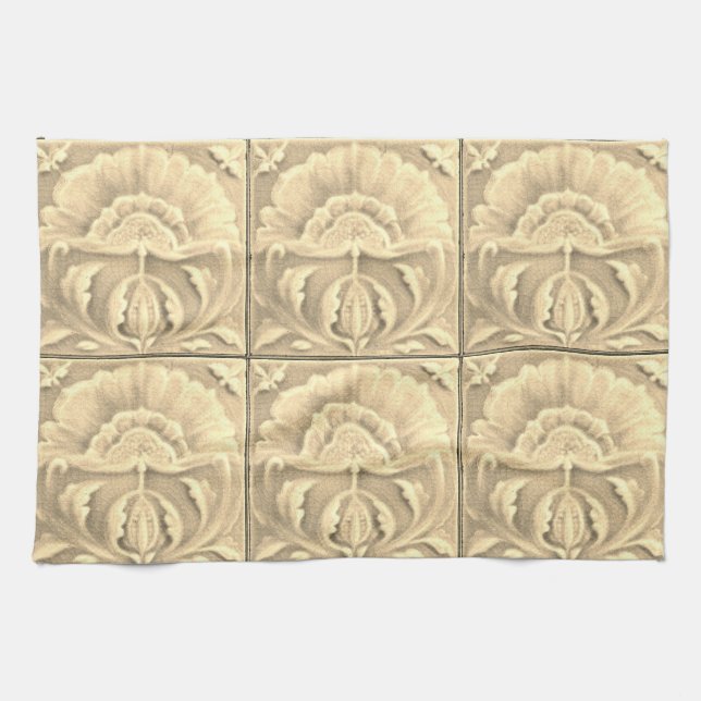 Art nouveau jugendstil flower tile gold cream  tea towel (Horizontal)