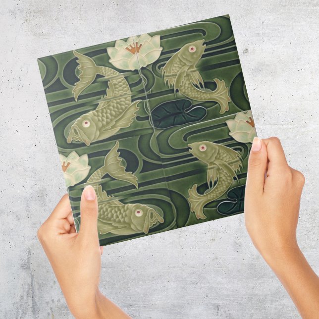 Art Nouveau Jugendstil Pond Fish Green Tile (green Art Deco vintage tile with japanese style koi fish in pond with waterlily)