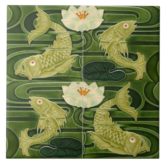  Art Nouveau Jugendstil Pond Fish Green Tile (Front)