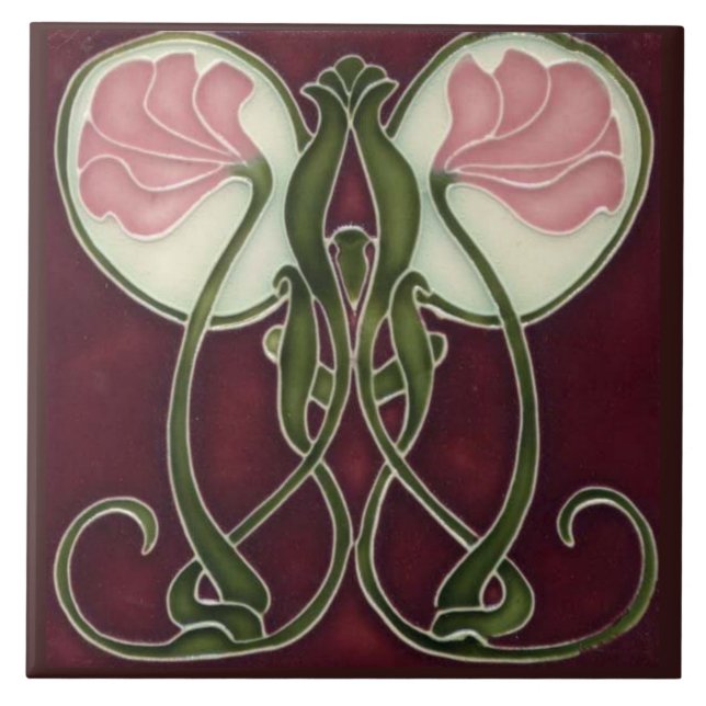 Art Nouveau Keepsake Tile - Pink Flower Heads (Front)
