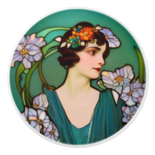 Art Nouveau Lady and Flowers - Green and Lilac Ceramic Knob