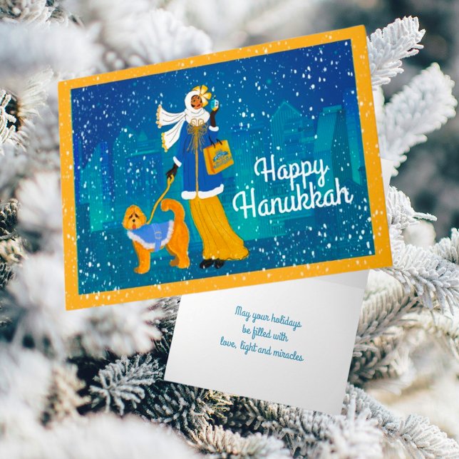 Art Nouveau Lady Doodle Dog Personalised  Holiday Card (Hannukah Doodle Dog and Snow!)