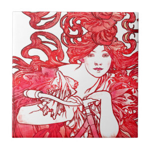 Art Nouveau Lady Mucha Red Hair Bike Tile