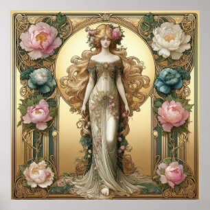 Art Nouveau Lady with Peonies Poster