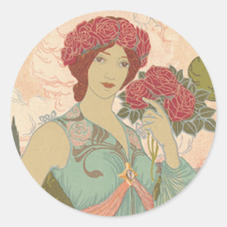 Art Nouveau Lady with Roses Classic Round Sticker