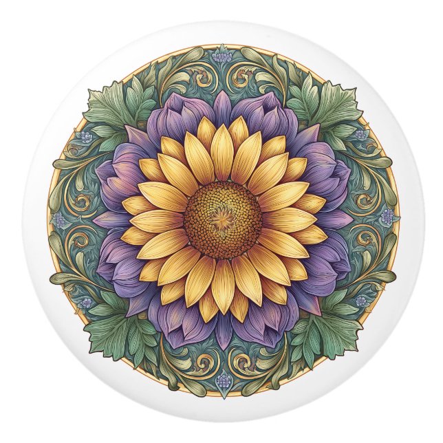 Art Nouveau Lavender Sunflower Medallion Ceramic Knob (Front)