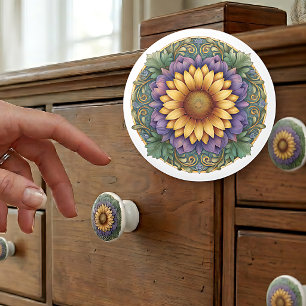Art Nouveau Lavender Sunflower Medallion Ceramic Knob