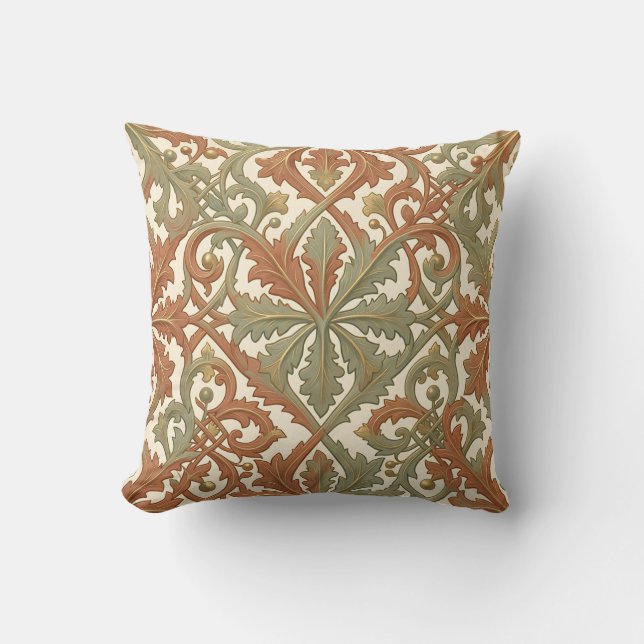 Art Nouveau Leaf Scroll Terracotta Sage Pattern Cushion (Front)