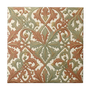 Art Nouveau Leaf Scroll Terracotta Sage Pattern Tile