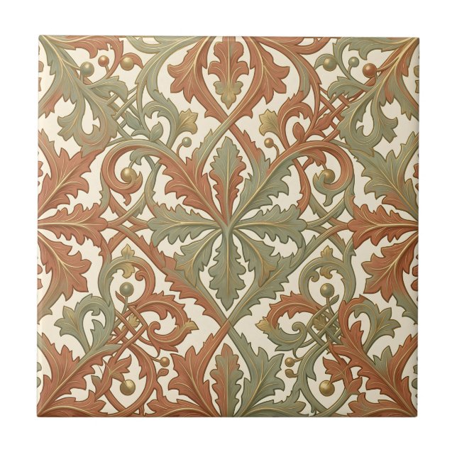 Art Nouveau Leaf Scroll Terracotta Sage Pattern Tile (Front)
