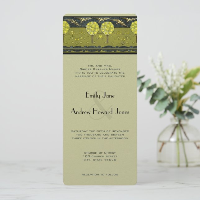 Art Nouveau Lemon Tree Orchard Lovebird Wedding Invitation (Standing Front)