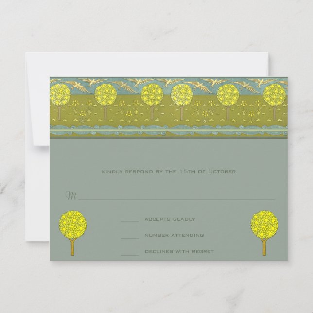Art Nouveau Lemon Yellow Teal Blue Tree RSVP Card (Front)