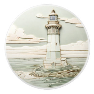 Art Nouveau Lighthouse Faux Relief Light Mint Blue Ceramic Knob