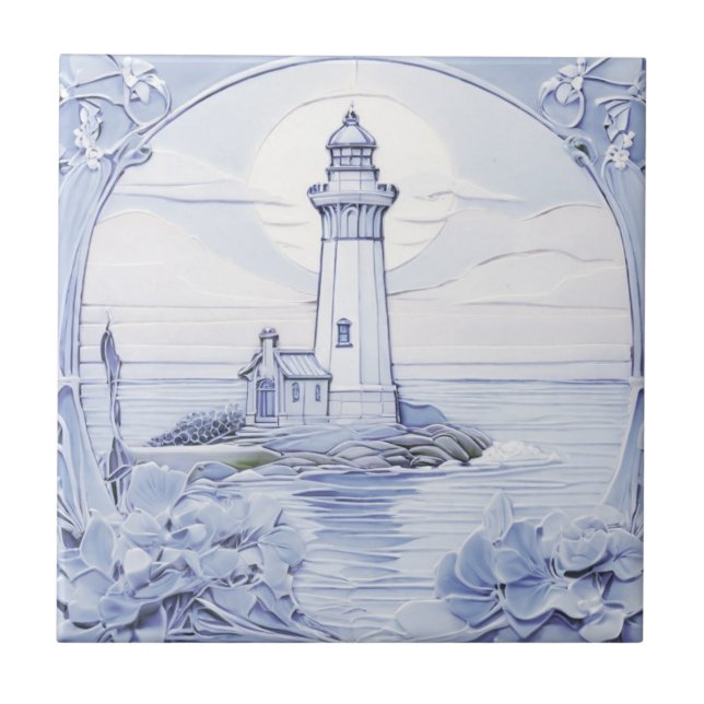Art Nouveau Lighthouse Ocean Sea Blue and White  Tile (Front)