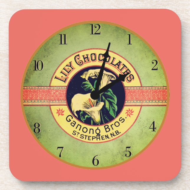Art nouveau lily chocolate clock advertisement  coaster (Front)