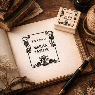 Art nouveau lily frame ex libris rubber stamp