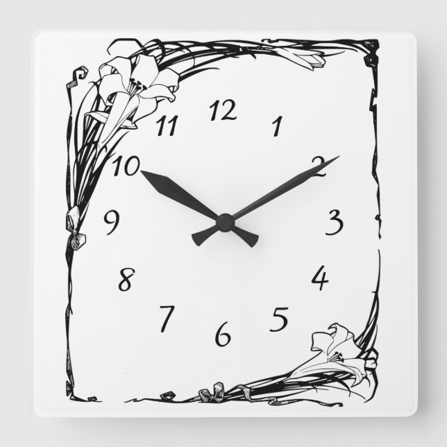 Art nouveau lily square wall clock (Front)