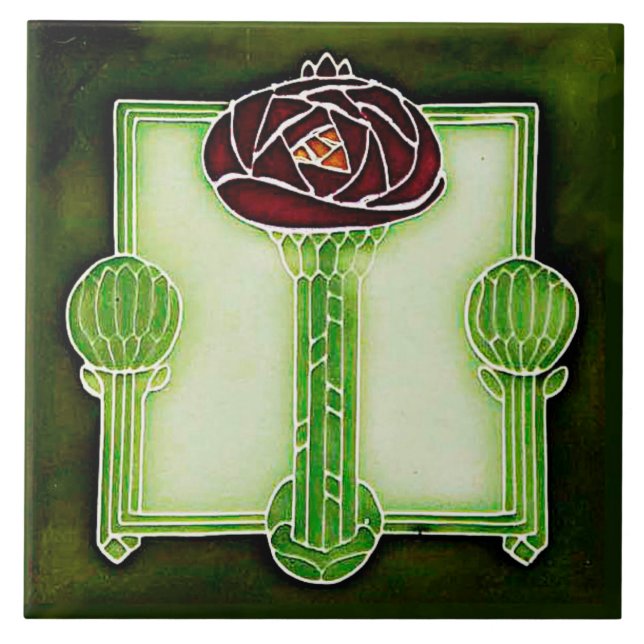 Art Nouveau Mackintosh Rose (Green) Ceramic Tile (Front)