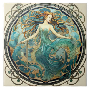 Art Nouveau Mermaid in Teal and Amber Tile