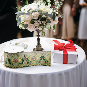 Art Nouveau Metallic Gold Pink Roses Medallion Satin Ribbon